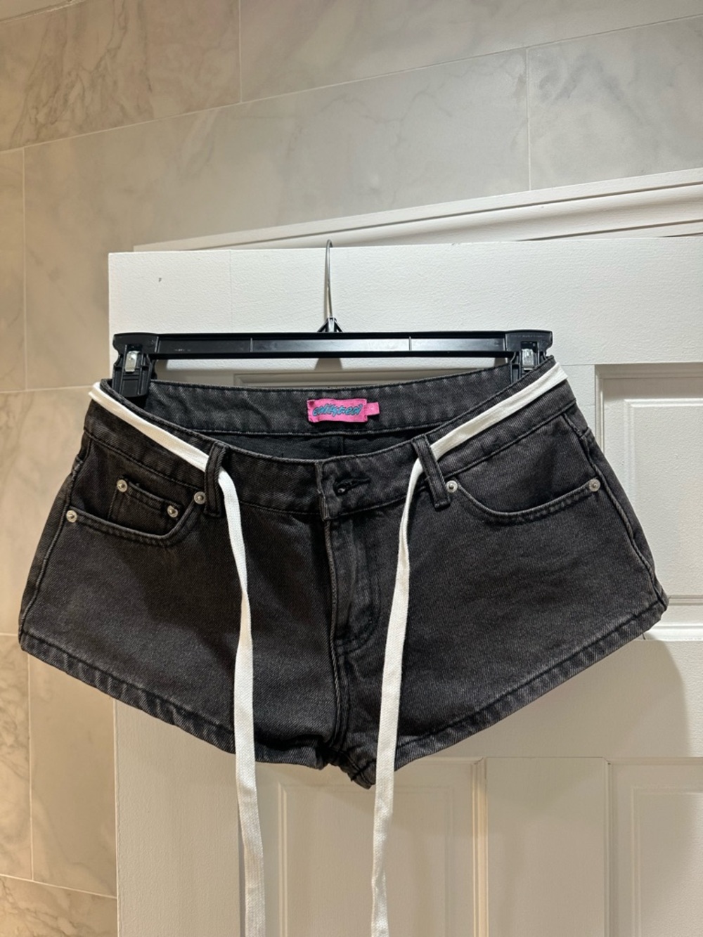 Edikted Black Denim Women’s Shorts with White Drawstring